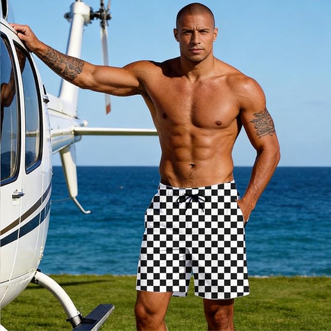 Mens Swim Trunks with Compression Liner Quick Dry Zipper Pocket Bathing