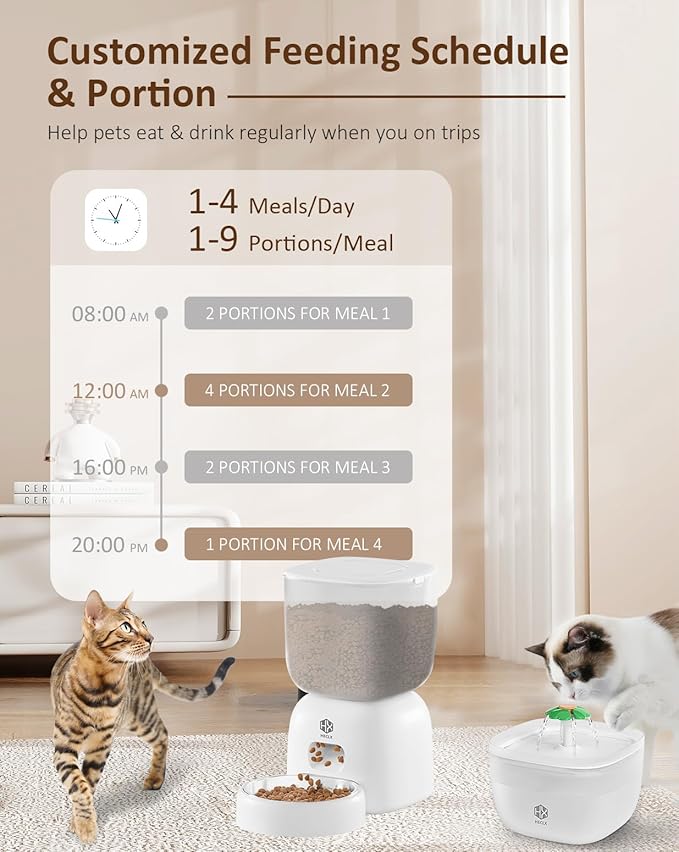 Automatic Cat Feeder with 3L Dry Cat Food Dispenser and 2L Water Fountain, Timed Dog Feeder with Portion Control and Daily Meals, Wire/Battery Automatic Feeders in White