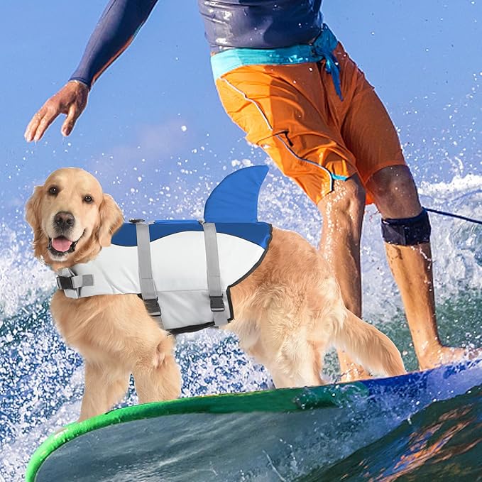 Dogcheer Dog Life Jacket Shark, Adjustable Dog Swim Life Vest for Swimming Boating with Superior Buoyancy & Rescue Handle, Ripstop Pet Float Vest Coat for Small Medium Large Dogs - Blue, S