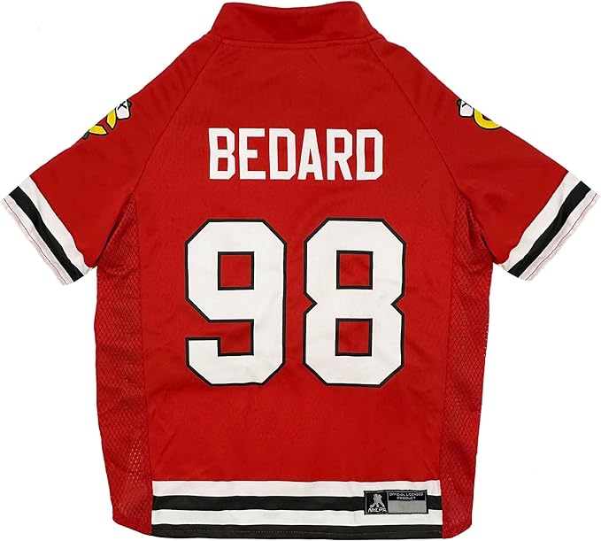 Pets First NHLPA Connor Bedard Mesh Dog Jersey, Chicago Blackhawks Bedard-98, Size Large
