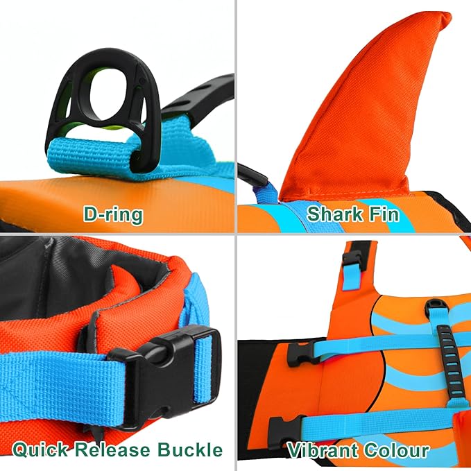 Fragralley Shark Dog Life Jacket, High Buoyancy with Tear-Resistant Nylon, Dog Float Vest for Swimming and Boating, Pet Life Preserver for Small Medium Large Dogs (PFD)