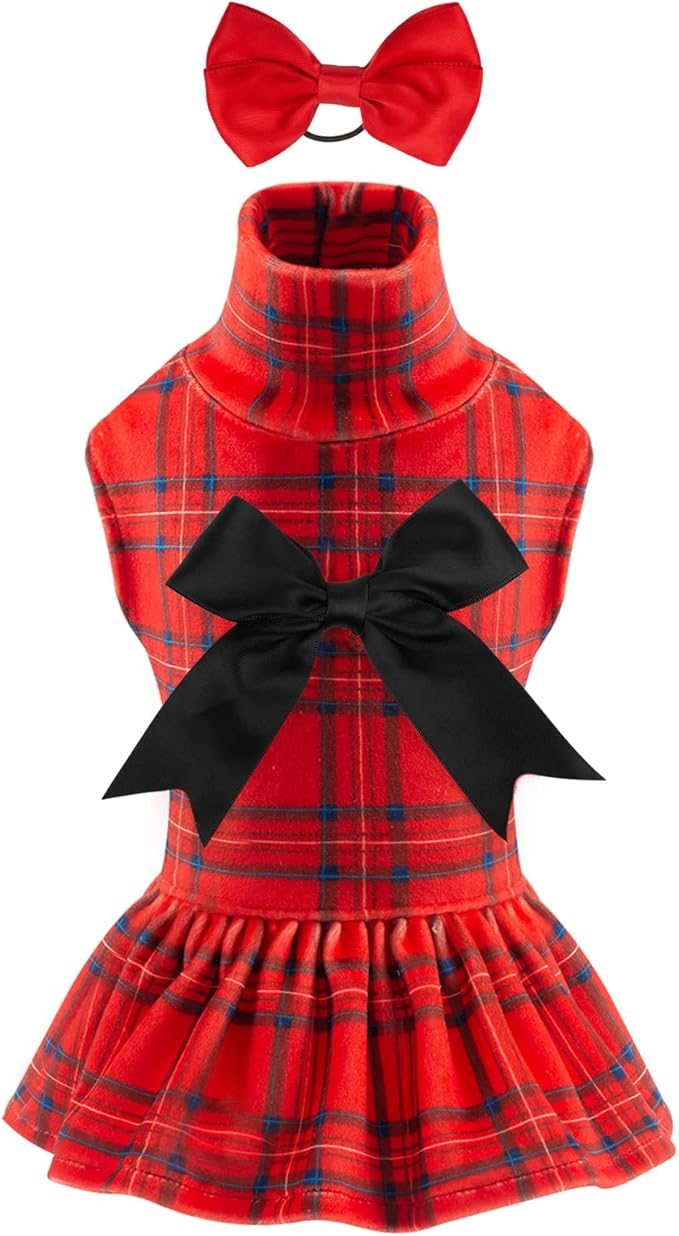CuteBone Turtleneck Dog Christmas Dress Velvet Puppy Skirt Costume Pet Clothes Cat Apparel with Bow Hair Rope for Small Dogs CVD05XS