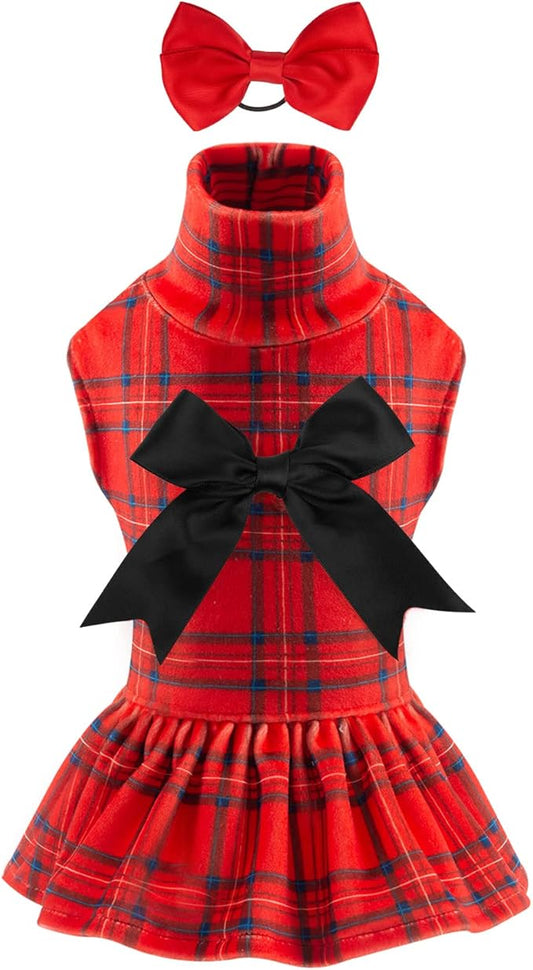 CuteBone Turtleneck Dog Christmas Dress Velvet Puppy Skirt Costume Pet Clothes Cat Apparel with Bow Hair Rope for Small Dogs CVD05XS