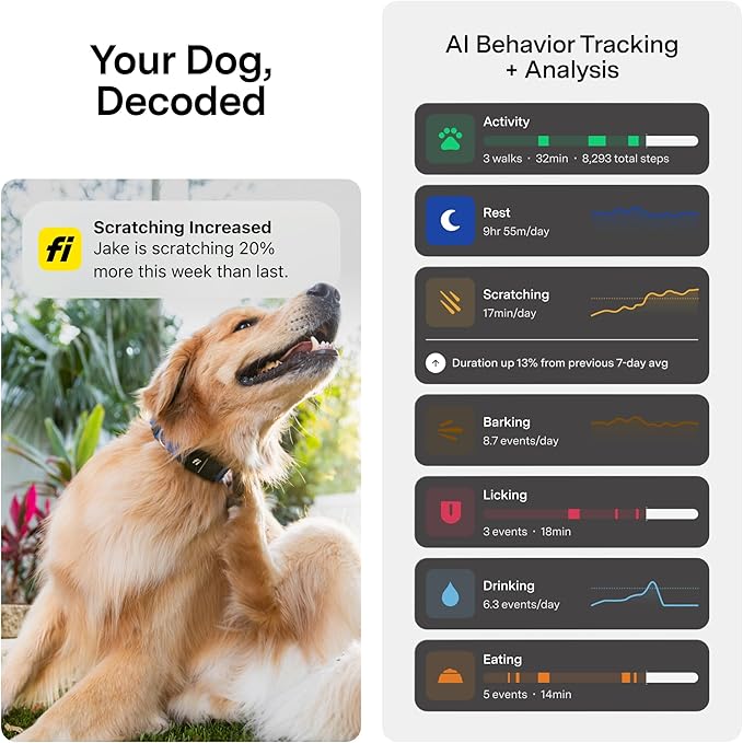 New Fi Series 3+ Smart Dog Tracker Collar [6 Month Membership Included] GPS Tracker for Dogs with Health & Behavior Monitoring, Escape Alerts, Waterproof, LED, Apple Watch Compatible (Yellow, Medium)