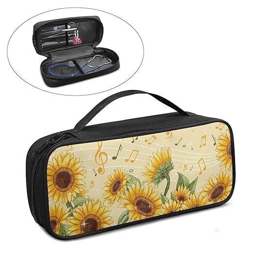 Gomyblomy Sunflower Music Note Stethoscope Bag Large Stethoscope Case with Extra Mesh Pocket for Nurse Accessories Portable Stethoscope Holder Storage for Most Stethoscopes