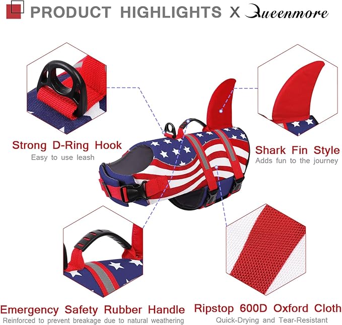 Queenmore Shark Dog Life Vest for Swimming, Pet Life Vests for Boating, High Buoyant DogLife Jacket, Ripstop High Flotation Swimsui for Small, Medium, Large Dogs (USA Flag,M)