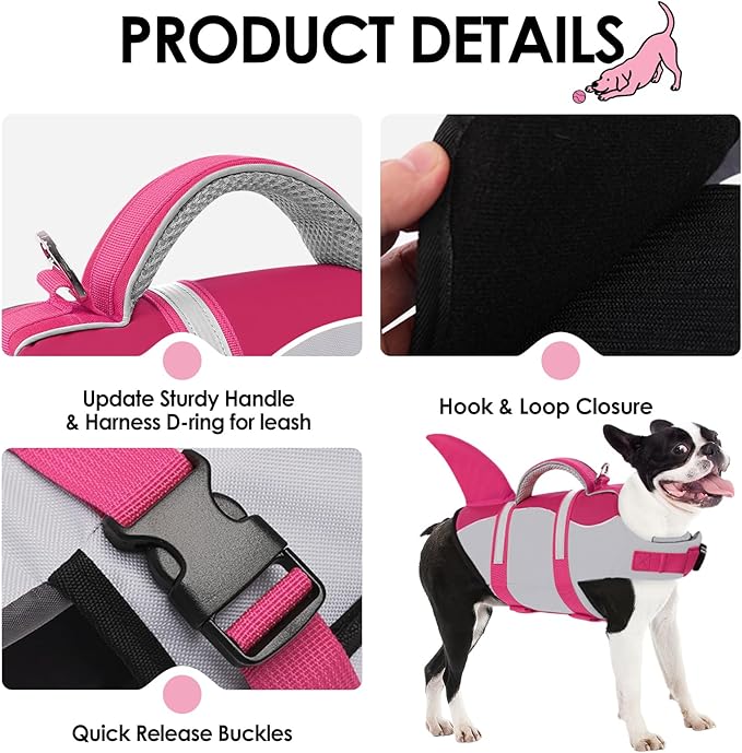 AOFITEE Dog Life Jacket, Dog Life Vest for Swimming, Shark Dogs Swimming Vest with Rescue Handle and Reflective Stripe, Ripstop Pet Float Coat Swimsuit Lifesaver Small Medium Large Dogs Pink XS