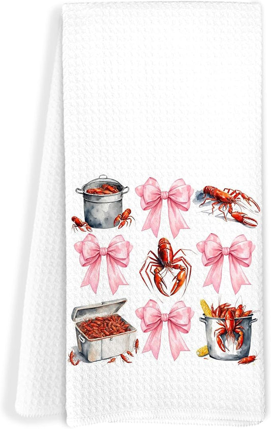 Coquette Pink Bow Crawfish Beach Kitchen Towels, Lobster Lover Gifts Dish Tea Towels for Kitchen, Seafood Boil Party Supplies, Coastal Nautical Decorative Hand Towels, 16x24 Inch