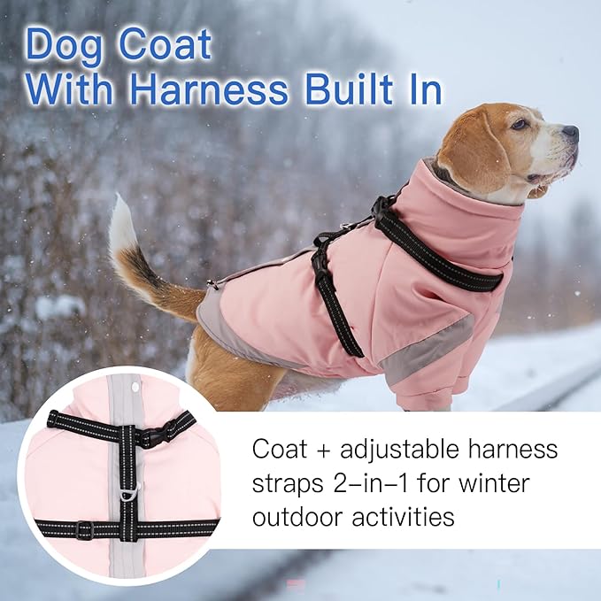 Dog Winter Coat with Adjustable Reflective Harness Built in -M | Turtleneck Water-Repellent Coats with Sleeves for Small Dogs Boy,Cold Weather Coats,Warm Jacket for Schnauzer (Light Pink)