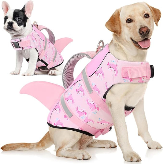 AOFITEE Dog Life Jacket, Dog Life Vest for Swimming, High Flotation Large Dogs Swim Vest with Rescue Handle and Reflective Stripe, Dogs Lifesaver Swimsuit for Boating Summer Pool Beach, Pink Whale XL