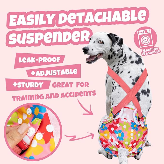 Pet Soft Dog Diapers Female with Suspenders, 3 Pack Reusable Female Dog Diapers for Heat, Dog Period Panties for Doggie in Cycle(Large, Floral)