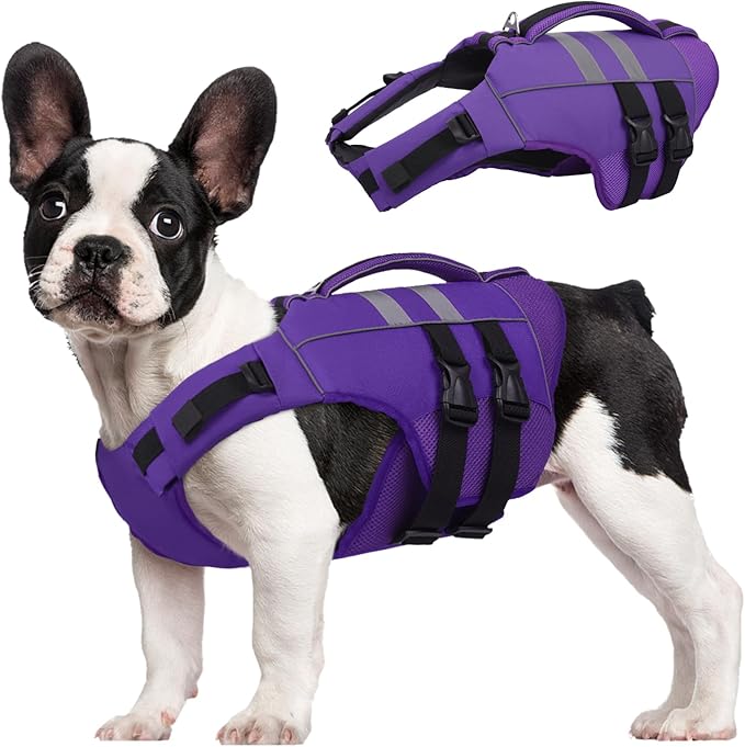 Kuoser Medium Dog Life Jacket, High Flotation Dog Life Vest for Swimming Boating, Reflective Dog Swimming Vest for Medium Dogs Pet Life Preserver with Rescue Handle, Purple M