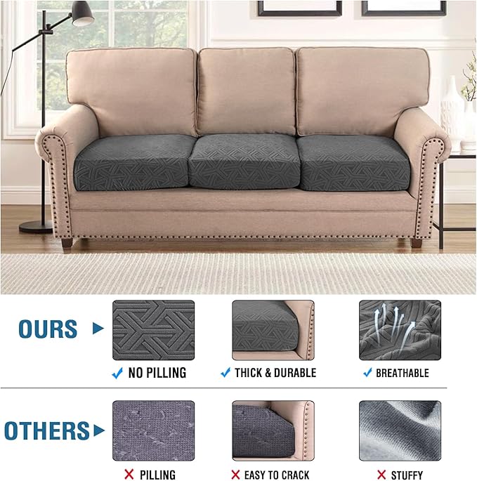 H.VERSAILTEX Jacquard Couch Cushion Covers High Stretch Sofa Covers for 3 Cushion Couch Furniture Protector Spandex Anti-Slip Soft Thickened Slipcovers Diamond Pattern(3 Seat Covers, Grey)