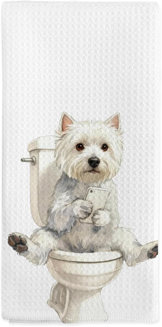 Westie Dog Gifts for Women Hand Towels, Westie Bathroom Decor, West Highland White Terrier Dish Tea Towels, Funny Westies Looking at Phone Hand Towel for Toilet Kitchen Washroom Decor, 16x24