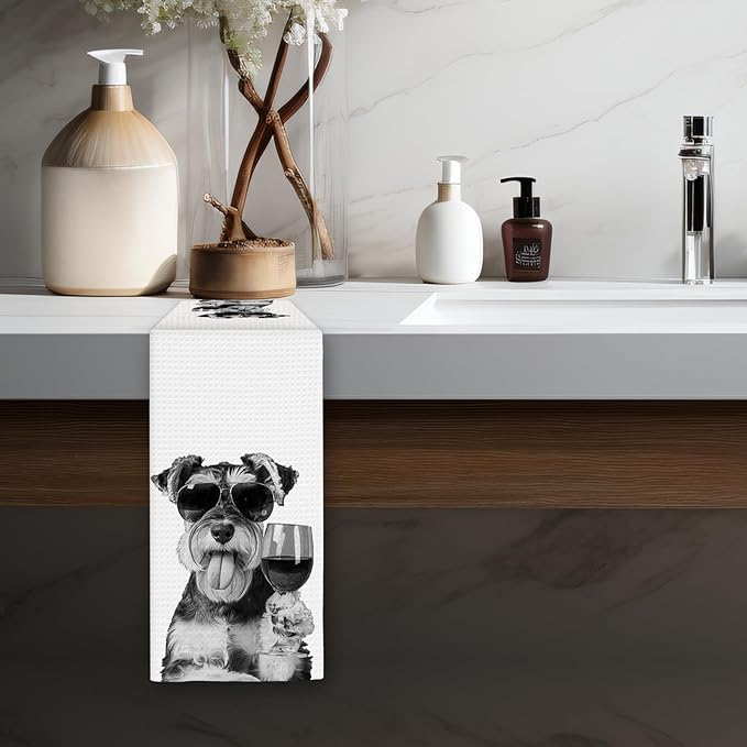 Schnauzer Gifts Wine Dog Kitchen Towels, Gifts for Schnauzer Dog Wine Lovers Decorative Hand Dish Towel for Kitchen Home Bar, Funny SchnauzerDog WineLover Home Bar Kitchens Decor(16x24 Inch)