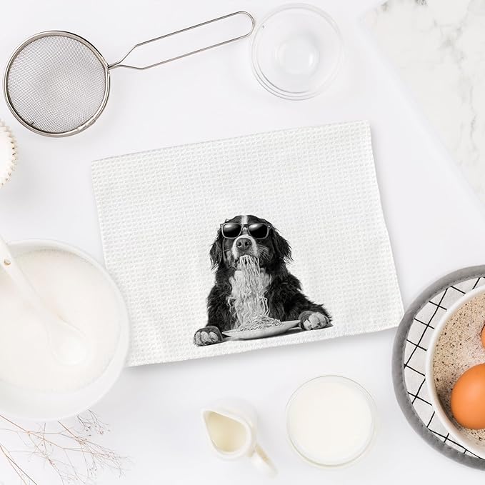 Bernese Mountain Dog Gifts Wine Kitchen Towels Set of 2, Funny Bernese Mountain Dog Eating Pasta Decorative Hand Dish Towel for Kitchen Home Bar, Gift for Wine Lovers Home Bar Decor(16x24Inch)