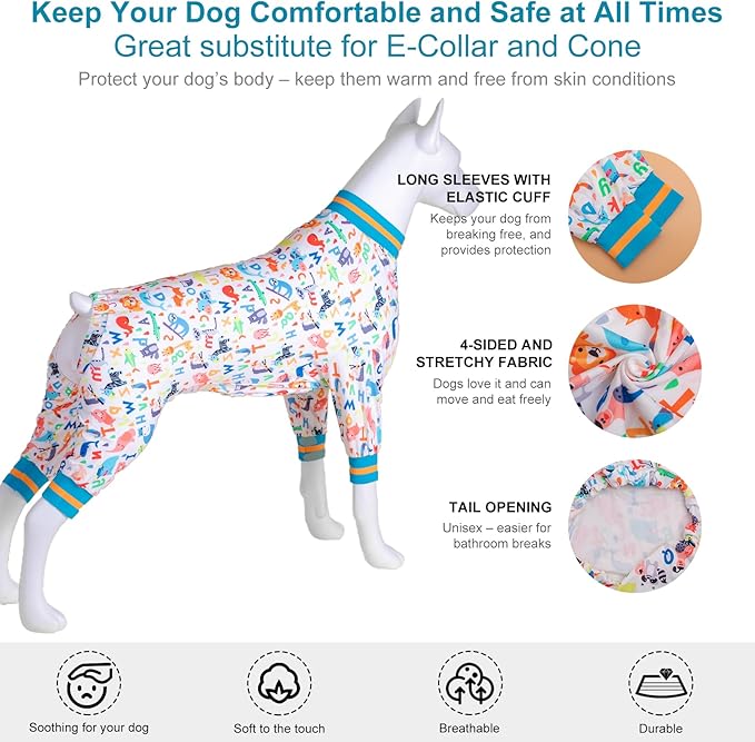 LovinPet Extra Large Dog Onesie for Surgery Male - Undershirt for Dog Hoodies, Lightweight Stretchy Flannel Fabric, White Noah's Ark Alphabet Print, Big Dog Jammies,Uv Protection, Easy to Wear,3XL