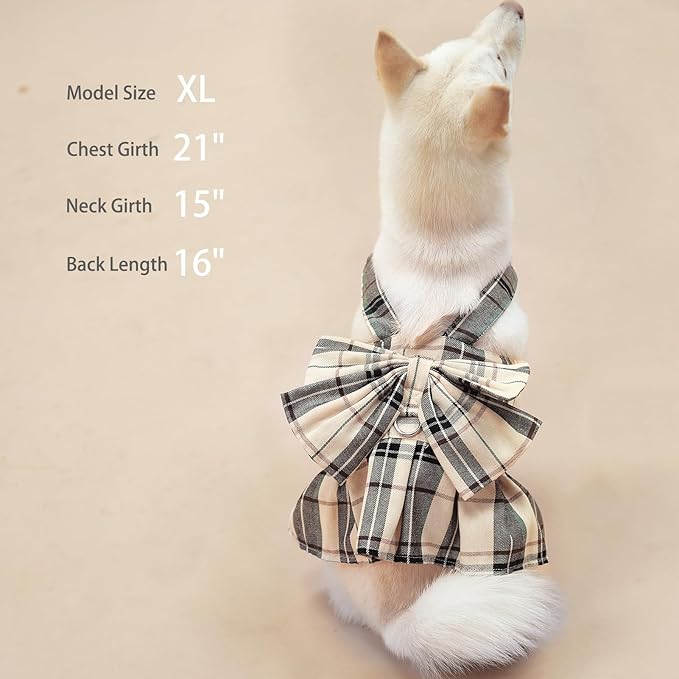 PUPTECK Plaid Dog Dress with Leash - Cute Puppy Harness Clothes for Small Medium Sized Dogs, Outfits for Girl Puppy Wedding Birthday Costume