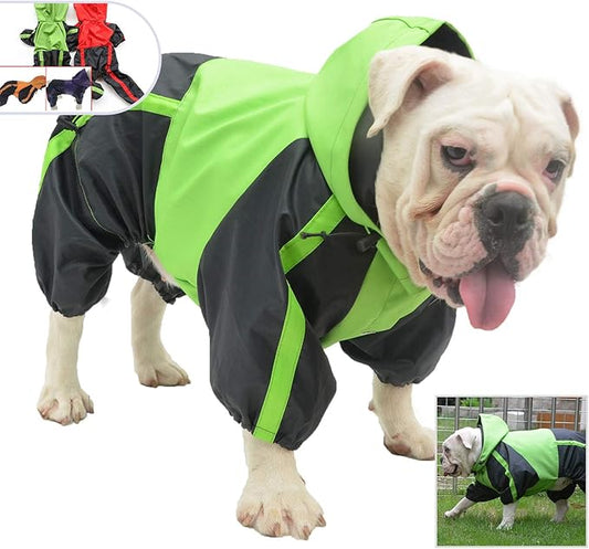 Lovelonglong American Bully Pitbull Dog Hooded Raincoat, Bulldog Rain Jacket Poncho Waterproof Clothes with Hood Breathable 4 Feet Four Legs Rain Coats for Pugs English French Bulldog Green B-L