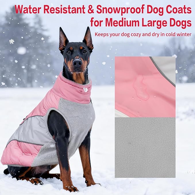 Dog Coats for Large Dogs with Harness Built in, Waterproof Dog Jacket Warm Pet Winter Coat Snowsuit for Cold Weather, Reflective Fleece Windproof Jacket, Pink, U-LDMF02XL