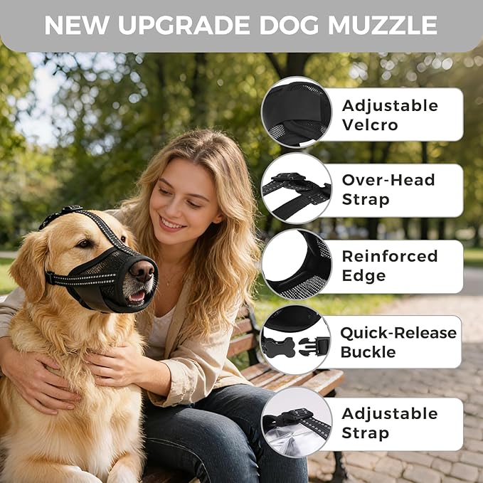 PAWCHIE Dog Muzzle, Soft Muzzle Anti Biting Barking Chewing, Comfortable Air Mesh Mouth Guard Breathable Adjustable Loop Pets Muzzle for Small Medium Large Dogs, Allows Panting Drinking, Black S