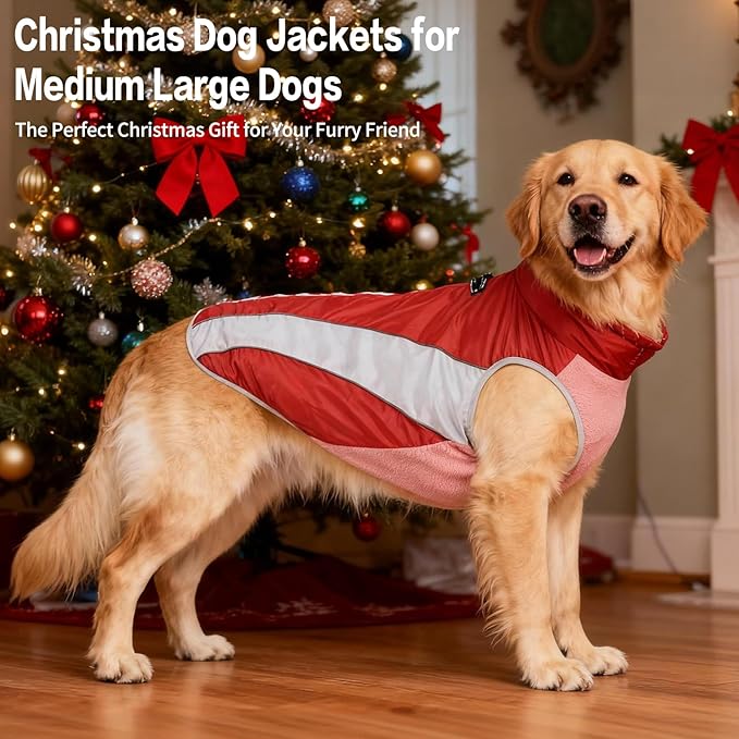 Dog Coats for Large Dogs with Harness Built in, Waterproof Dog Jacket Warm Pet Winter Coat Snowsuit for Cold Weather, Reflective Fleece Windproof Jacket, Red, U-LDMF01XXL