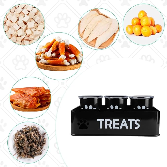 3-Compartment Dog Treat Container with Lids-Airtight 28oz Food Storage Containers for Pets & Snacks, Coated Galvanized Steel Countertop Canister, Kitchen Pantry Organization System-White (Black)
