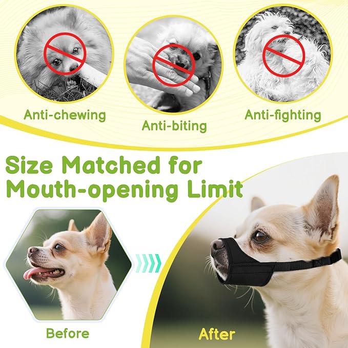 Mayerzon Short Snout Dog Muzzle for Small Medium Dogs, Soft & Sturdy Fabric, Anti Excessive Biting Chewing, Suits Chihuahua Shih Tzu Maltese for Grooming Vet Visits Walk, Allows Drinking(Black, XXS)