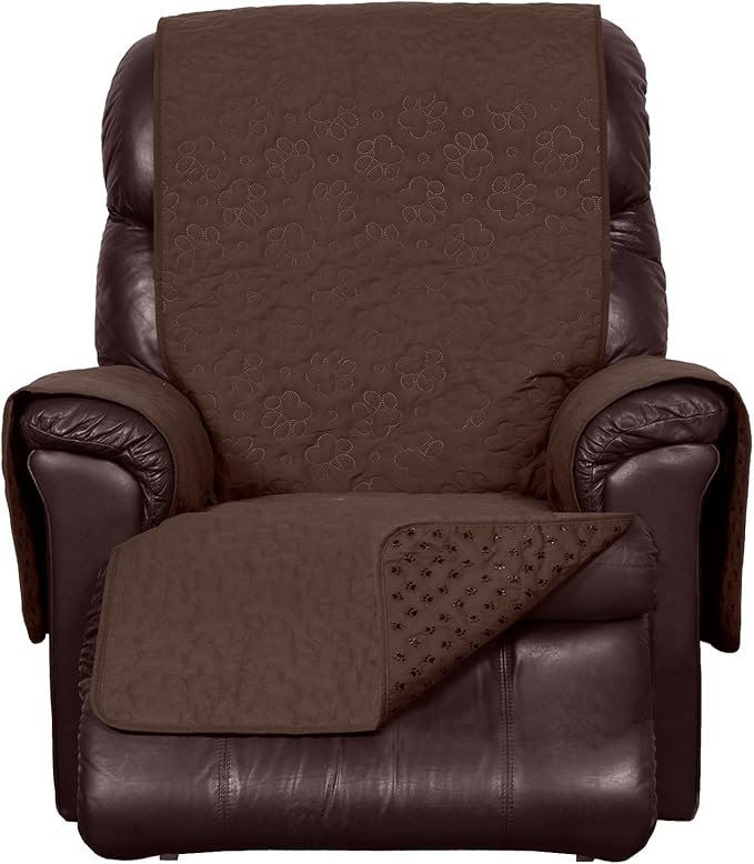 Furhaven Waterproof & Non-Slip Recliner Chair Cover Protector w/ Side Pockets for Dogs, Cats, & Children - Quilted Paw Print Living Room Furniture Cover - Espresso, Recliner