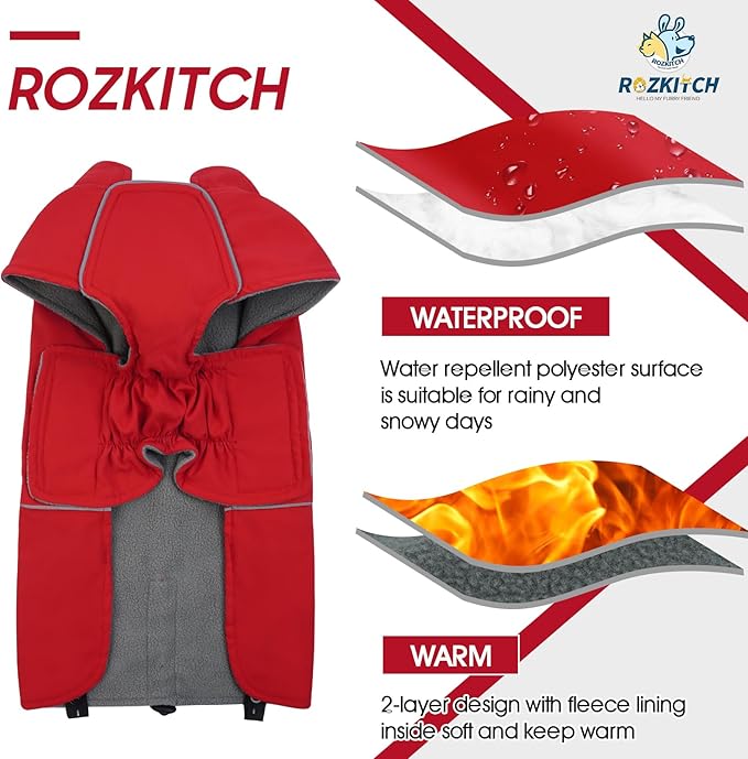 ROZKITCH Great Dane Sweater, Waterproof Windproof Dog Rain Jacket with Fleece Liner and Leash Hole Reflective Strip for Giant Dog, Adjustable Poncho Vest for Outdoor Hiking Travel Red 4XL