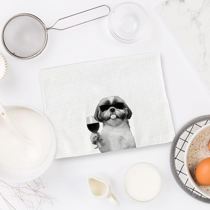 Shih Tzu Gifts Wine Kitchen Towels Set of 2, Gifts for Shih Tzu Dog Wine Lovers Decorative Hand Dish Towel for Kitchen Home Bar, Funny Shihtzu Beer Lover Home Bar Cart Decor(16x24 Inch)