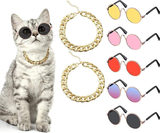 Weewooday 7 Pcs Dog Sunglasses Cats Sunglasses with 2 Gold Chain Retro Round Metal Glasses Funny Cute Cosplay Costume for Small Pet(Vivid Colors,Lovely Style)