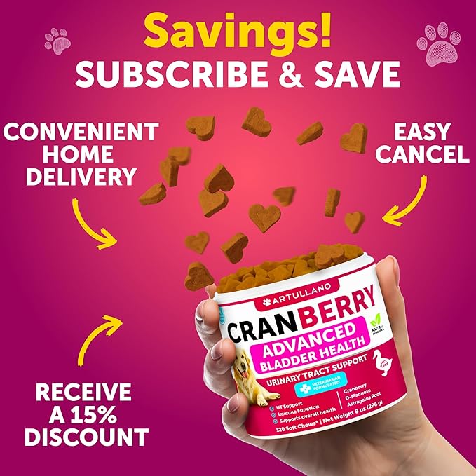 Dog UT Treatment - Cranberry Chews for Dogs - Urinary Tract & Bladder Support Supplement with Natural Cranberry Extract - Tasty 120 Soft Bites for Daily Wellness with Fish Oil, Pumpkin, D-Mannose