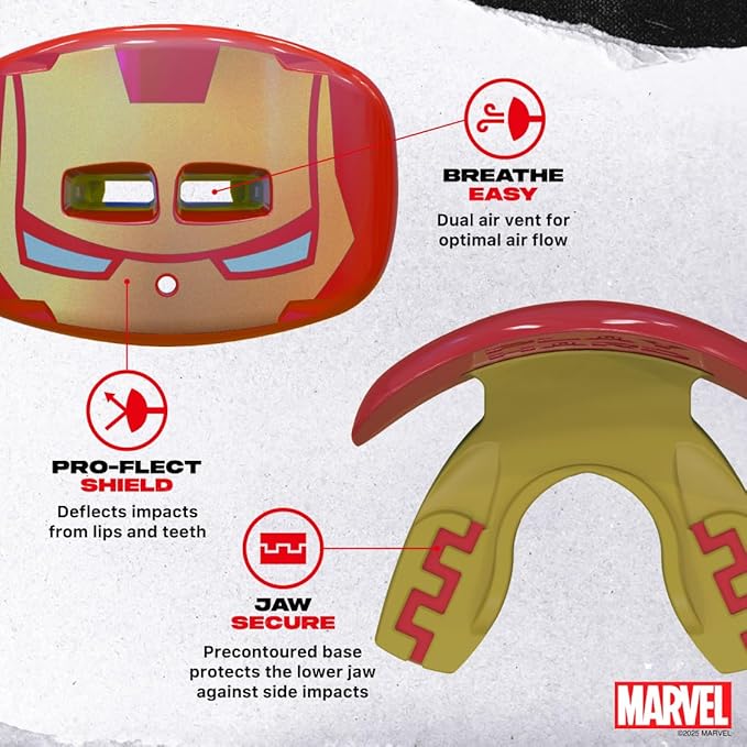 Marvel Iron Man Lip Guard, Football Mouth Guard with Detachable Strap, Lip Protector Adults and Junior, American Football, Lacrosse (One Size, Red Metallic)
