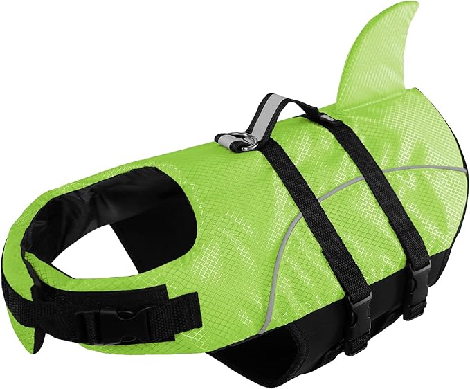 Queenmore Ripstop Dog Life Jacket Shark Life Vest for Dogs, Safety Lifesaver with High Buoyancy and Lift Handle for Small and Medium Breeds（Green S）