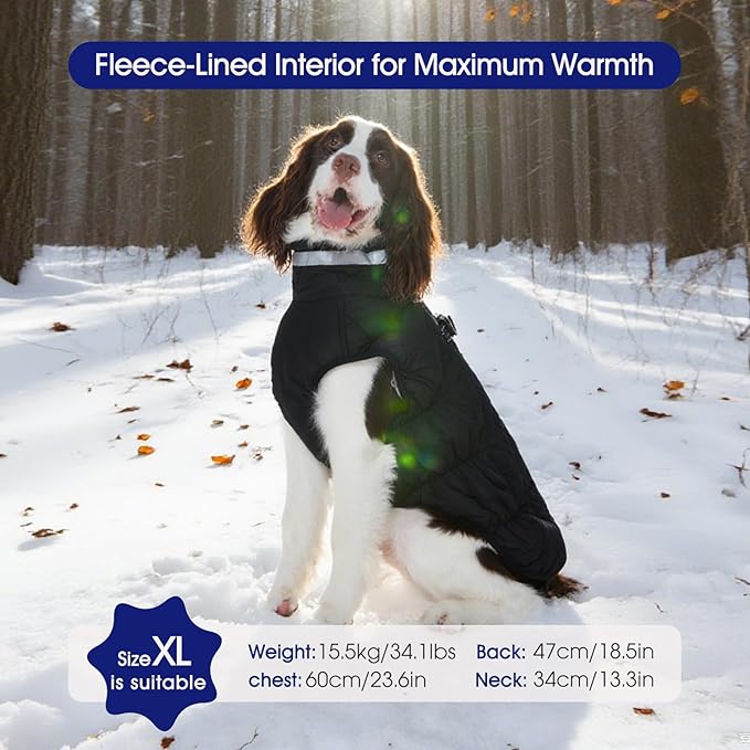 FUAMEY Dog Coat for Small Dogs,Waterproof Dog Winter Jacket with Harness Built in Puppy Cold Weather Coats Reflective Pet Vest with Zipper Warm Fleece Dogs Snowsuit Windproof Solid Black S