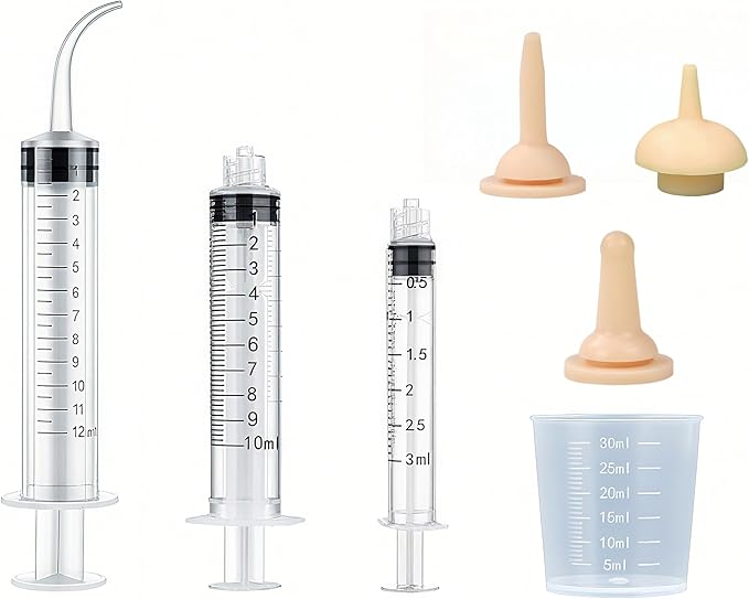Silicone Feeding Nipple and Syringes for Newborn Kittens, Puppies, Small Animals,3 Size Nipple+3ML/10ML /12ML Feeding Syringe