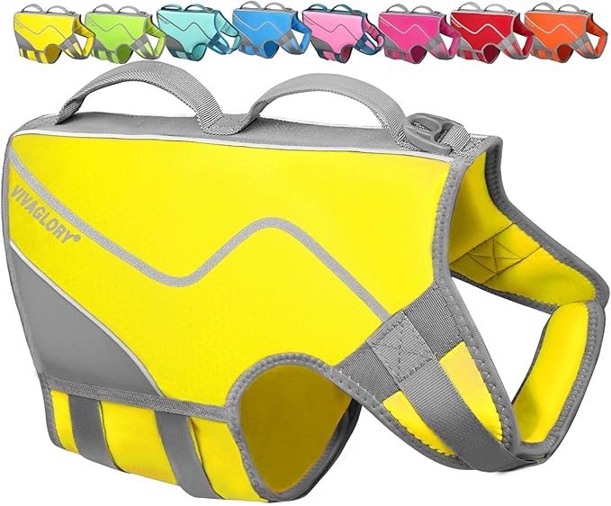 VIVAGLORY Neoprene Dog Life Vest, Dog Life Jacket for Swimming & Boating, Lightweight & Buoyancy for Puppy Doggy, Swimming Vest with Handle, XL, Yellow