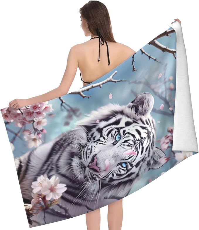 White Tiger Beach Towel,32x52in Microfiber Quick Dry Cherry Blossom Floral Wildlife Bath Towels,Soft Lightweight Oversized Sand Free,for Travel Pool Swimming Gym Decor,Gifts