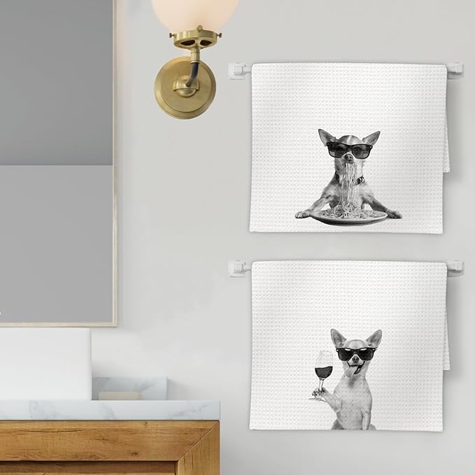 Chihuahua Gifts Wine Kitchen Towels Set of 2, Funny Chihuahua Dog Eating Pasta Decorative Hand Dish Towel for Kitchen Home Bar, Gift for Dog Wine Lovers Home Bar Decor(16x24Inch)