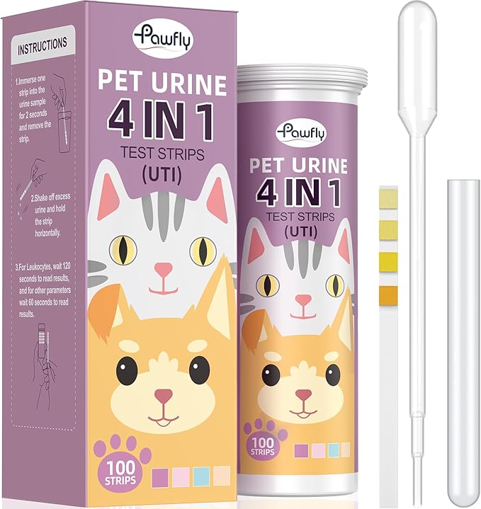 Pawfly Urine Test Strips for Dogs & Cats, 100 Strips, 4 in 1 Pet Urine Testing Strips for Leukocytes, Nitrite, Protein & Blood, UTI Test Strips, Urinalysis Test Strips for Vets