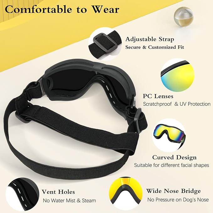 Lewondr Dog Goggles Small to Medium Breed, Dog Sunglasses with Adjustable Straps & Air Vents, UV/Wind/Dust/Fog/Snow Proof Dog Eye Protection Sunglasses for Outdoor Driving Riding, Black