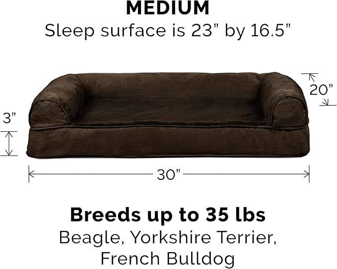 Furhaven Memory Foam Dog Bed for Medium/Small Dogs w/ Removable Bolsters & Washable Cover, For Dogs Up to 35 lbs - Plush & Suede Sofa - Espresso, Medium