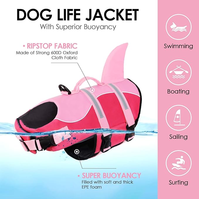 AOFITEE Dog Life Jacket, Shark Dog Life Vest for Swimming Boating, Reflective High Flotation Small Dogs Lifesaver, Ripstop Pet Swim Vest Swimsuit with Rescue Handle for Small Medium Large Dogs, S