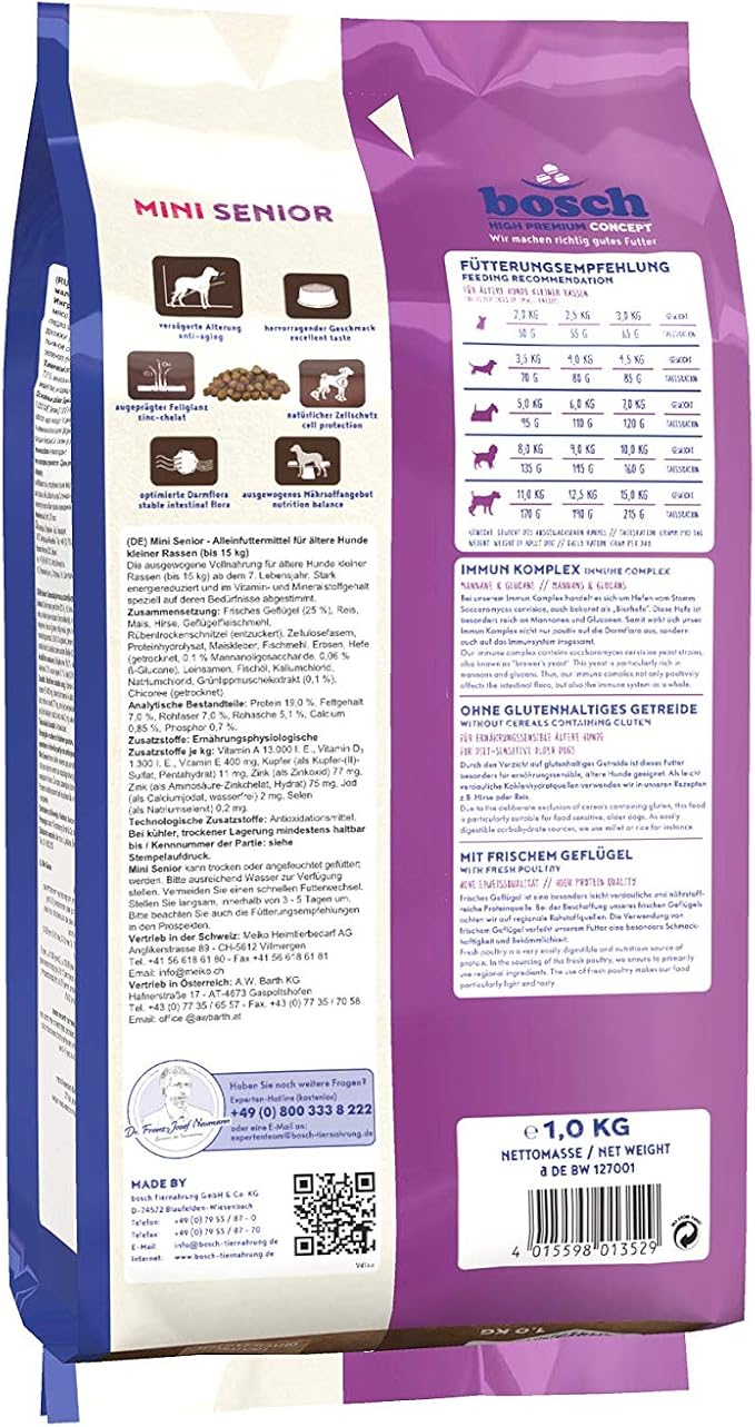 Bosch HPC Mini Senior | Hundetrockenfutter für ältere Hunde Kleiner Rassen (bis 15 kg) | Verschiedene Größen
