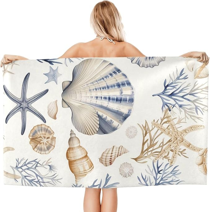 Seashell Starfish Beach Towel,32x52in Microfiber Quick Dry Coastal Ocean Coral Shells Bath Towels,Soft Lightweight Oversized Sand Free,for Travel Pool Swimming Gym Decor,Gifts