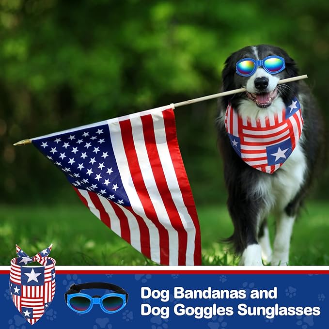 6 Ps 4th of July Dog Bandanas and Goggles Set, American Flag Pet Triangle Scarf Bibs Dog Eye Wear Sunglasses Independence Day Patriotic Pet Costume Accessories