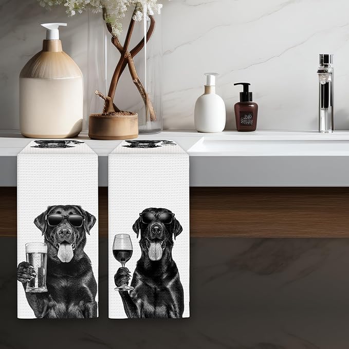 Gifts for Black Lab Dog Wine Lovers Kitchen Towels Set of 2, Black Labrador Retriever Gifts Wine Beer Decorative Hand Dish Towel for Kitchen Home Bar, Funny Dog Home Bar Decor(16x24 Inch)