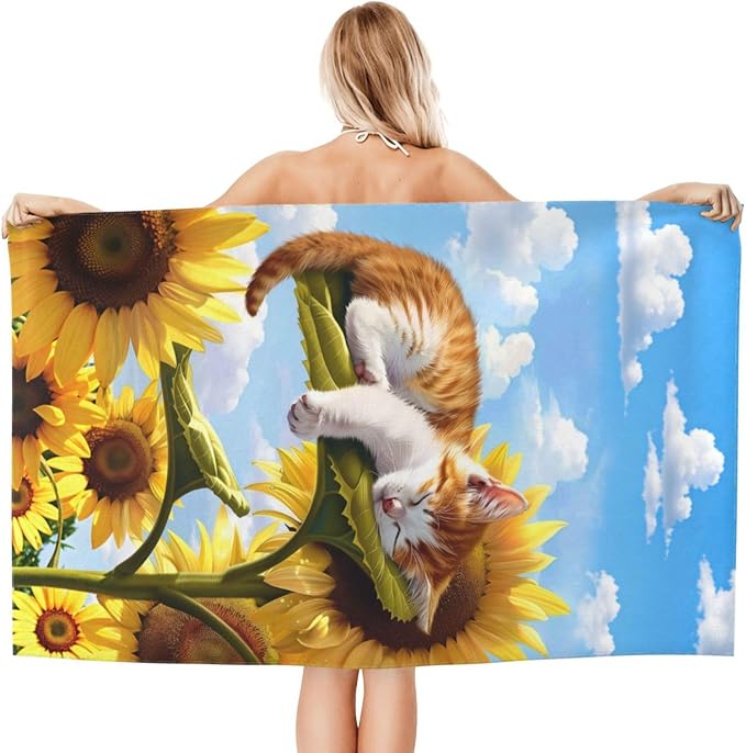 Sleeping Cat Beach Towel,32x52in Microfiber Quick Dry Cute Kitten Sunflower Bath Towels,Soft Lightweight Oversized Sand Free,for Travel Pool Swimming Gym Decor,Gifts