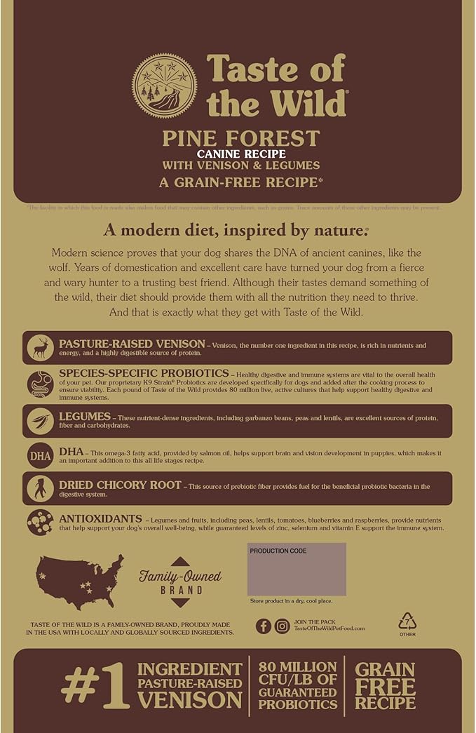 Taste of the Wild Pine Forest Grain-Free Recipe with Roasted Venison Dry Dog Food for All Life Stages, Made with High Protein from Real Venison, Superfoods and Guaranteed Nutrients Like Probiotics 5lb